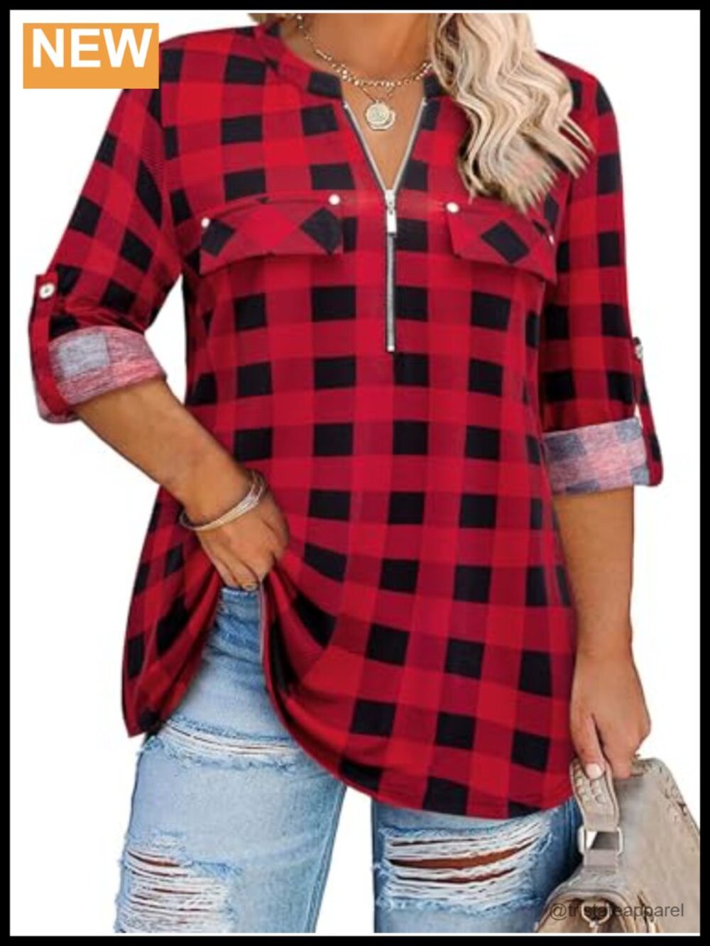 Plus Size 3/4 Sleeve Zip Front V-Neck Tunic Blouse Loose Fit